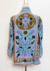 Short Box Cut Suzani Hand Embroidered Jacket Welcomes Spring (Blue)