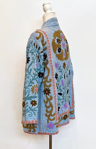 Short Box Cut Suzani Hand Embroidered Jacket Welcomes Spring (Blue)