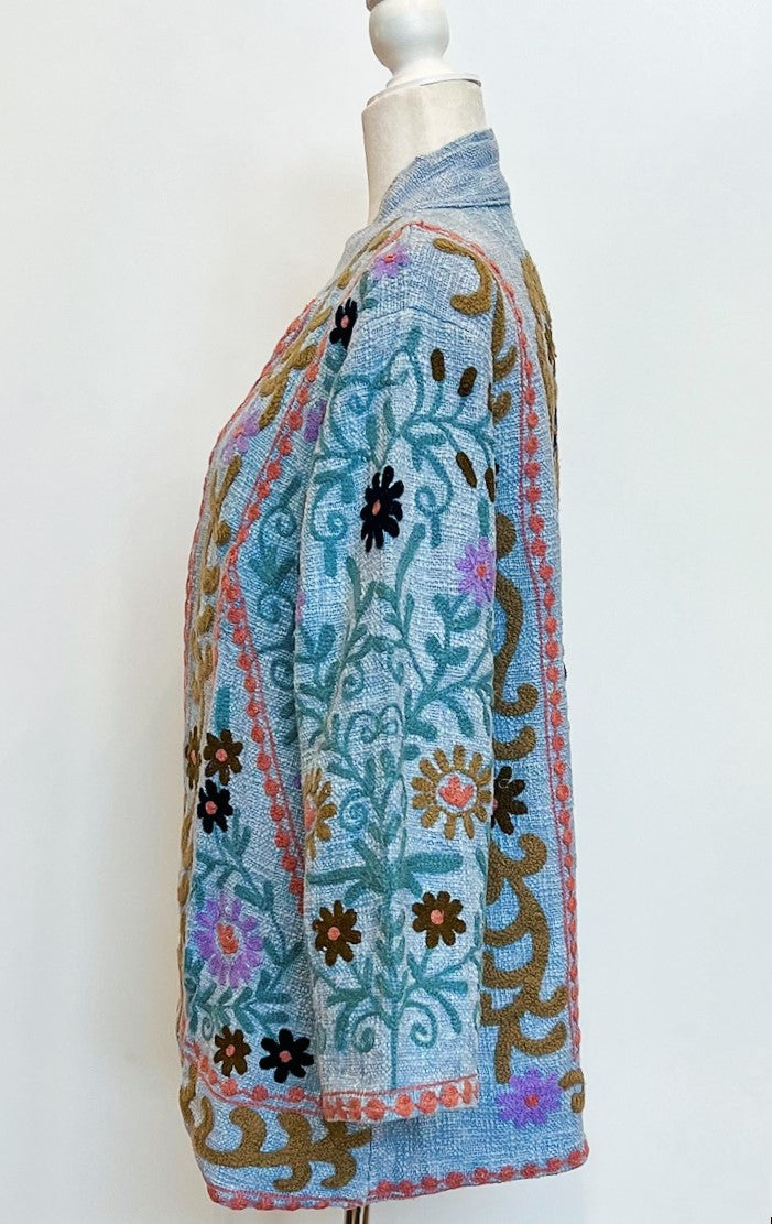 Short Box Cut Suzani Hand Embroidered Jacket Welcomes Spring (Blue)