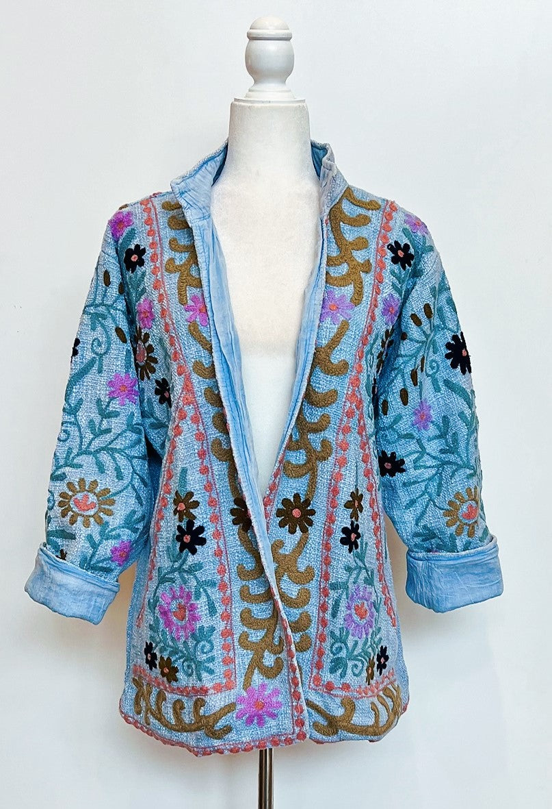 Short Box Cut Suzani Hand Embroidered Jacket Welcomes Spring (Blue)