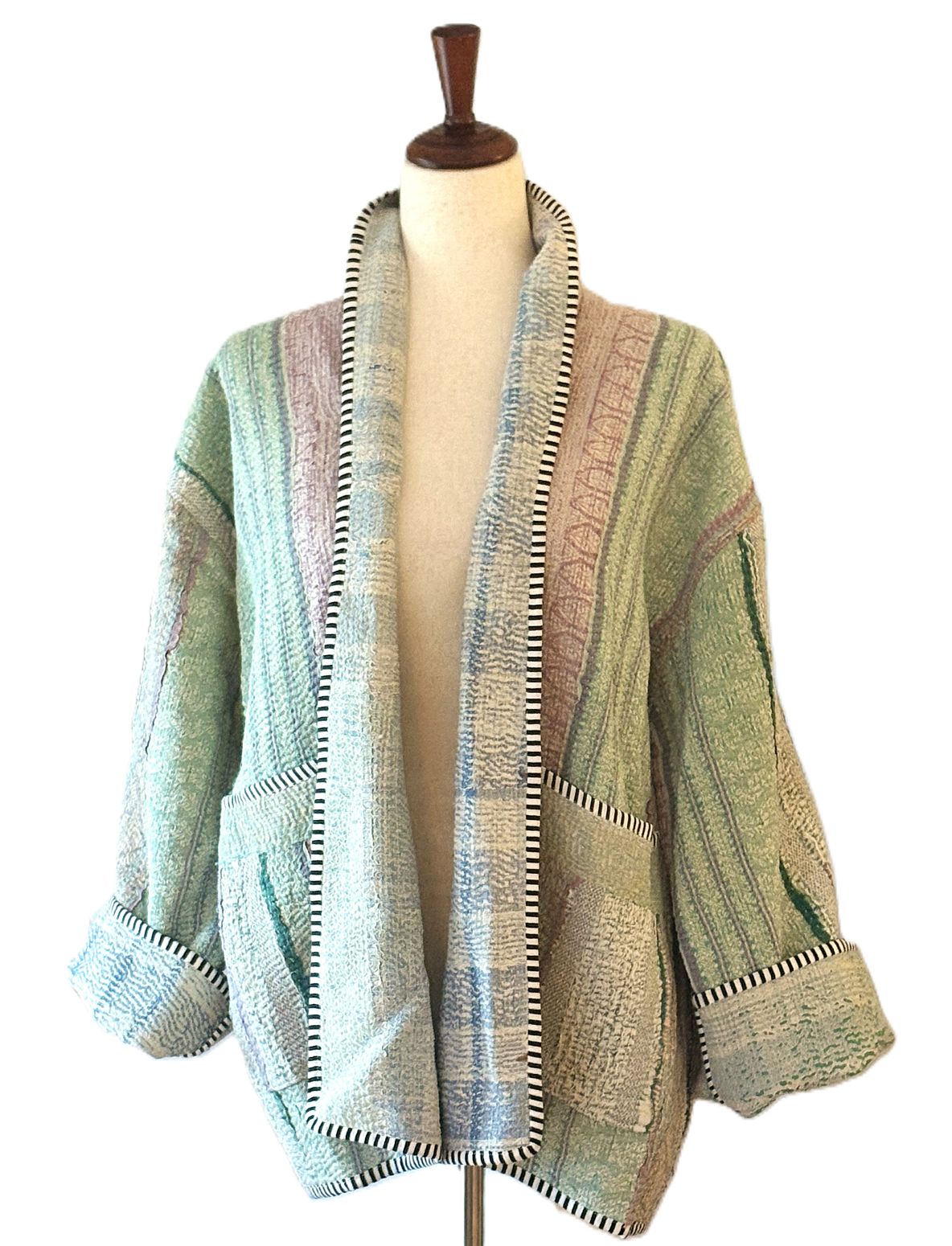 Specialty Collection, Hand Embroidered Kantha Patchwork Jacket: Reversible Cotton Sari Kimono (Multi Colored)