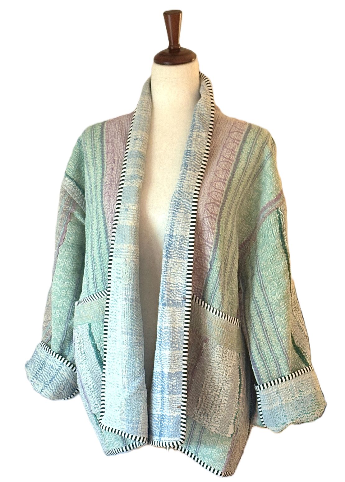 Specialty Collection, Hand Embroidered Kantha Patchwork Jacket: Reversible Cotton Sari Kimono (Multi Colored)