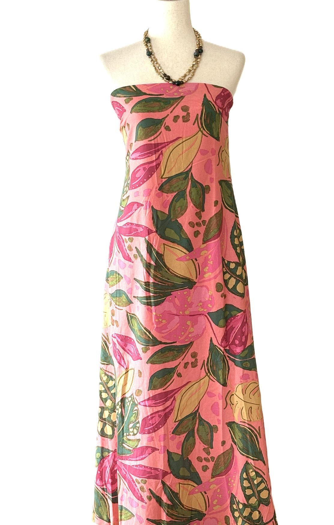 Dresses: Strapless Tropical Floral Print Designer Maxi Dress. Resortwear.(Pink)