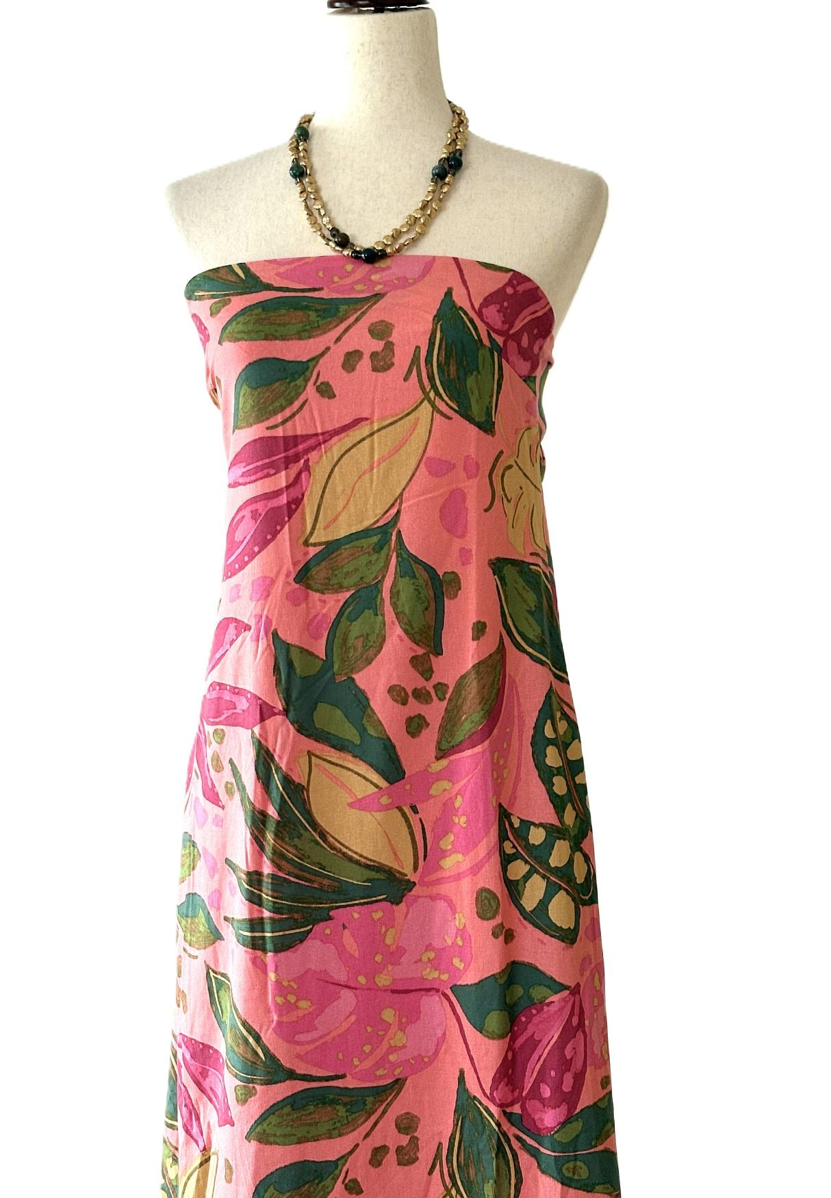Dresses: Strapless Tropical Floral Print Designer Maxi Dress. Resortwear.(Pink)