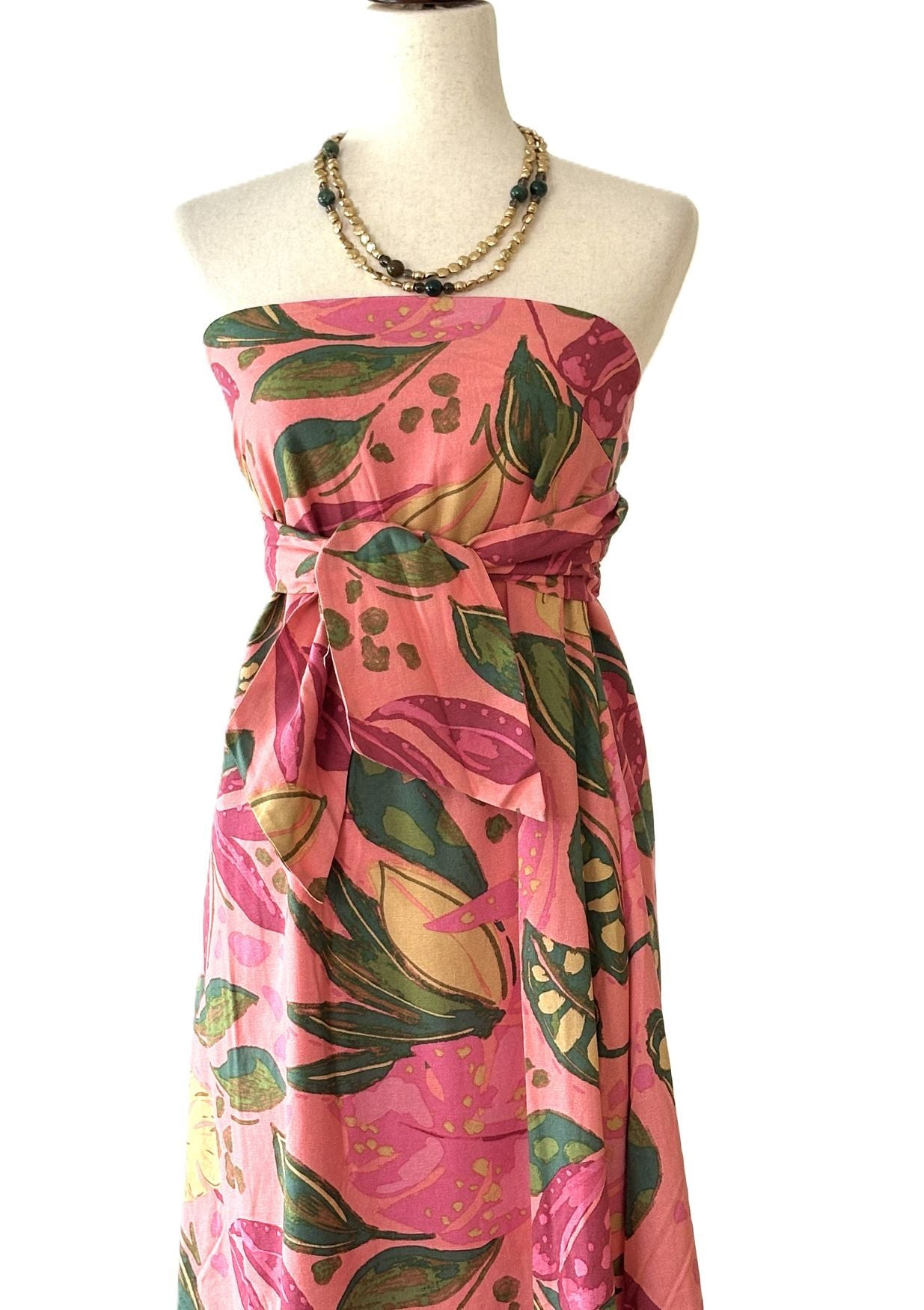 Dresses: Strapless Tropical Floral Print Designer Maxi Dress. Resortwear.(Pink)