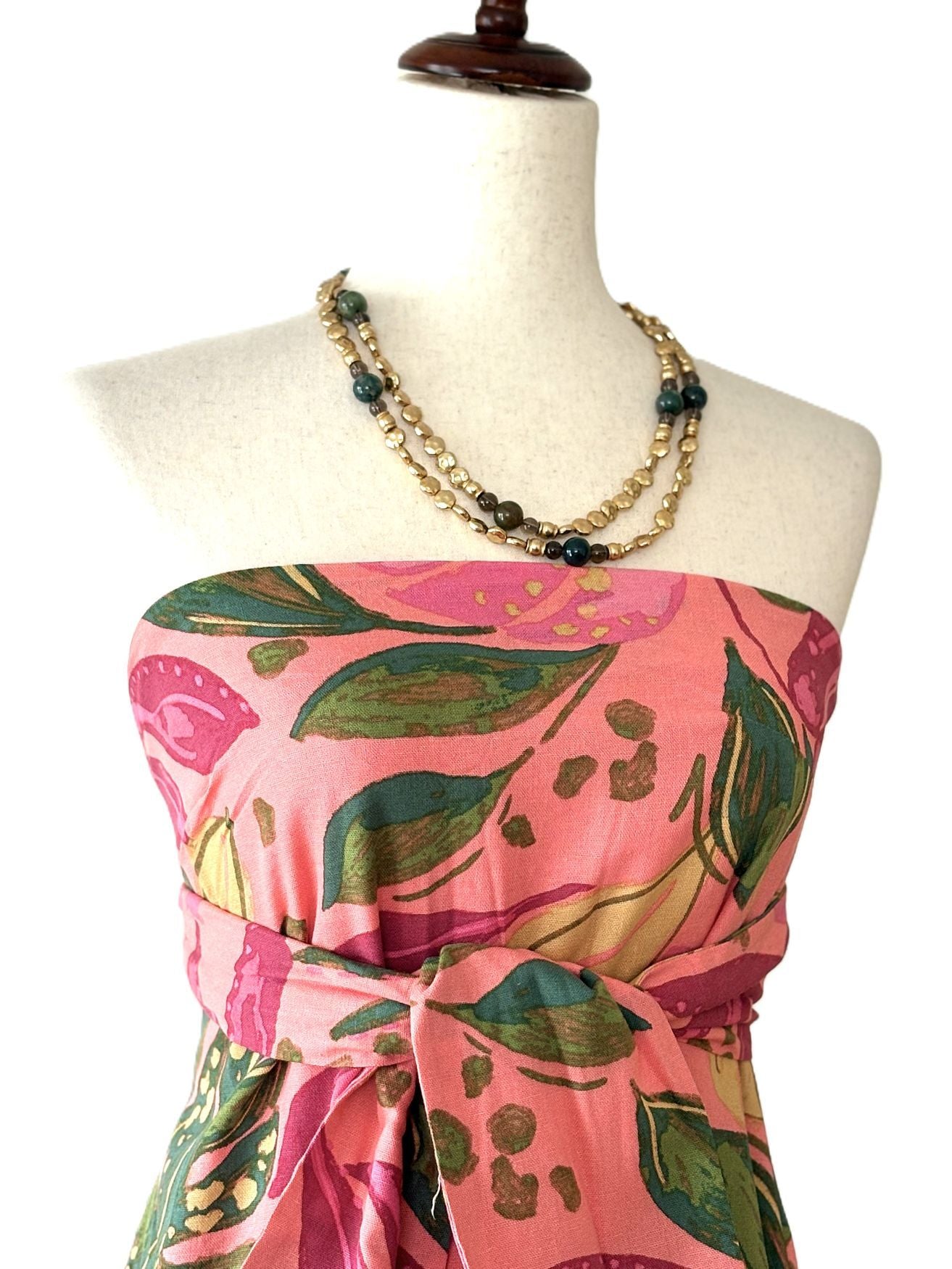 Dresses: Strapless Tropical Floral Print Designer Maxi Dress. Resortwear.(Pink)