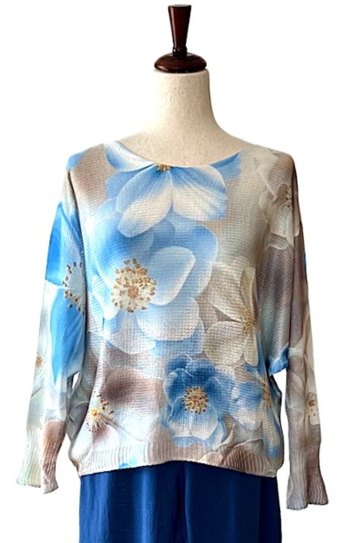 Italian Knit Coblu Blue Floral Round Knit Printed Sweater (Soft Blue)