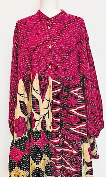Luminous Mixed Print Mini Dress, Kantha Embroidered (Geometric Fuschia)