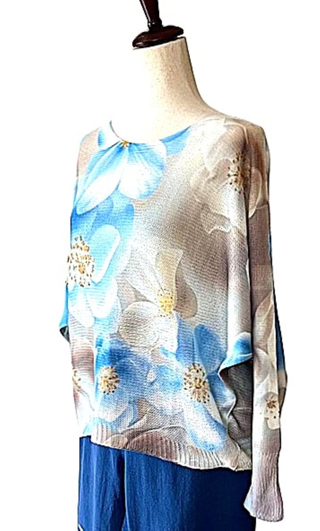 Italian Knit Coblu Blue Floral Round Knit Printed Sweater (Soft Blue)