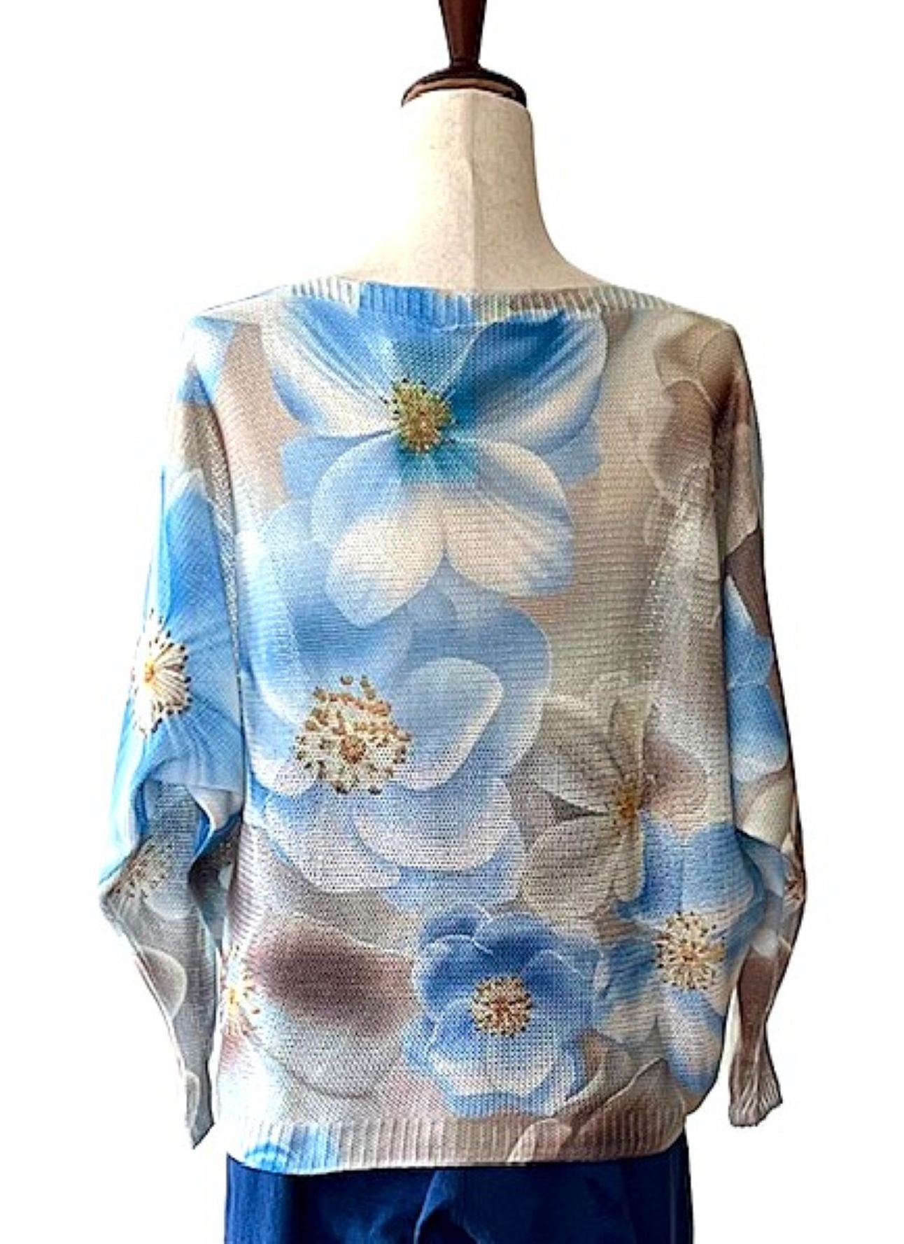 Italian Knit Coblu Blue Floral Round Knit Printed Sweater (Soft Blue)