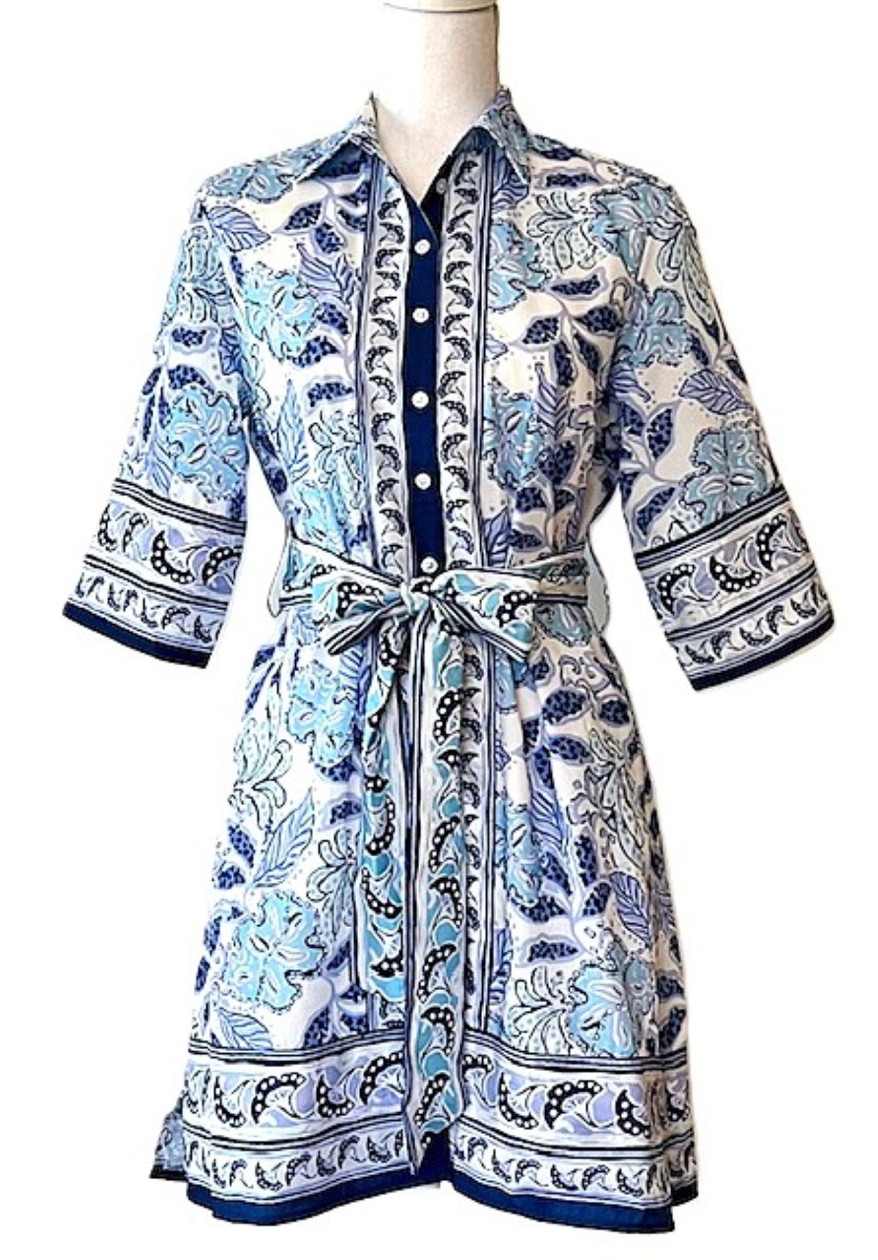 Classic Shirtdress Is Elegant With Lots Of Designer Details. (Blue and White)