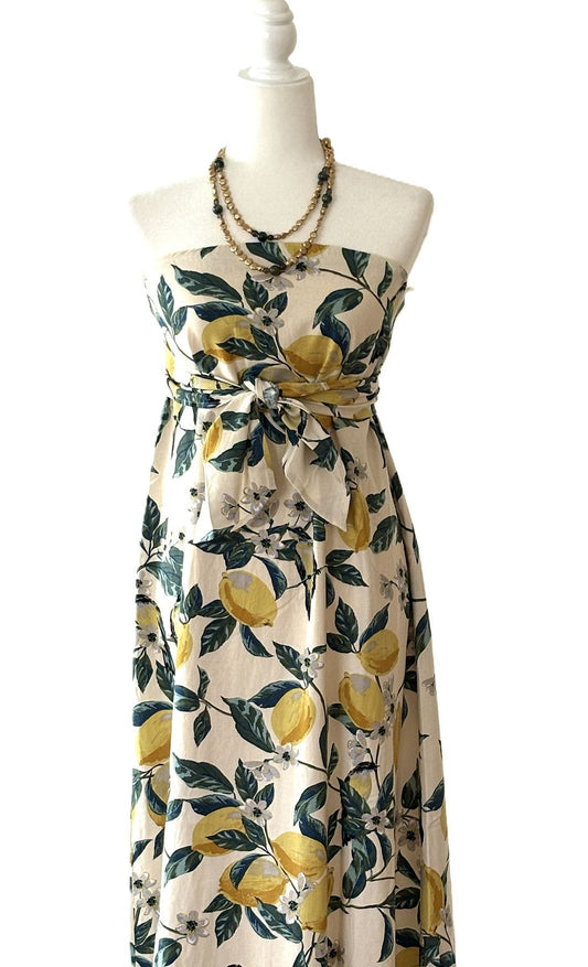 Dresses: Strapless Lemon Print Long Designer Maxi. Resortwear.