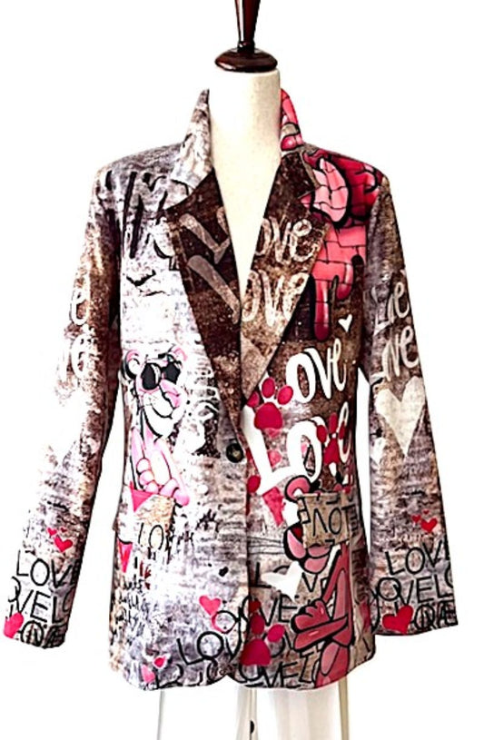 Blazer-One Size Graffiti Love Street-Art Print Blazer. Pink Panther Character.