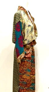 Top of the Line Silk Kimono Duster Mixed Print (Olive/Bronze)