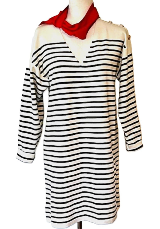 Nautical Striped Knit Dress With Shoulder Detailing. Navy and Cream