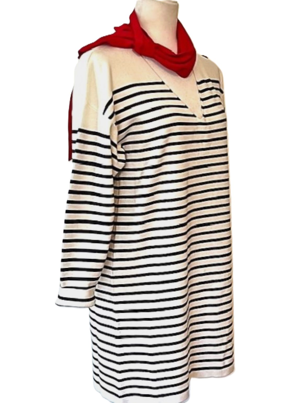 Nautical Striped Knit Dress With Shoulder Detailing. Navy and Cream