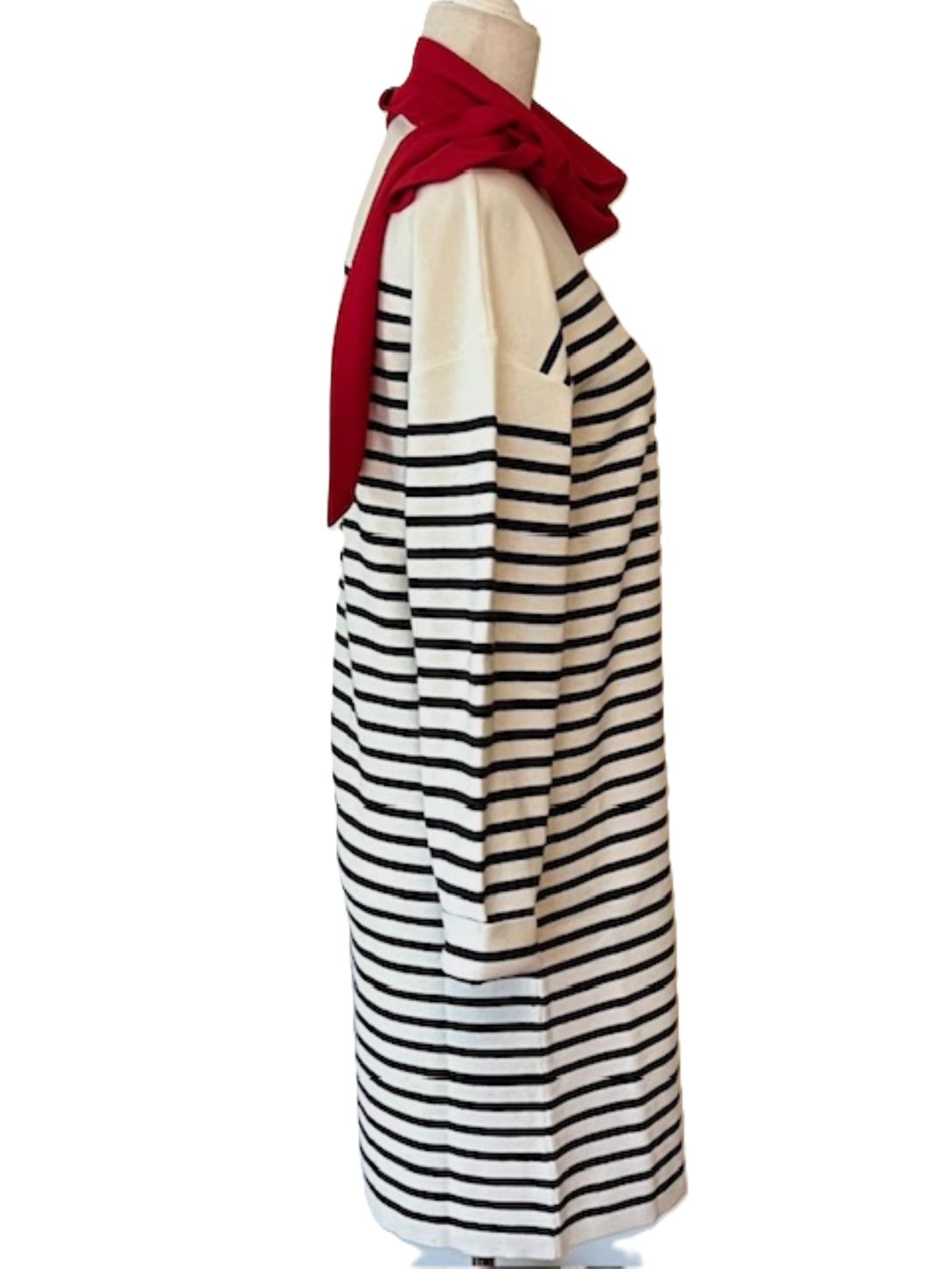 Nautical Striped Knit Dress With Shoulder Detailing. Navy and Cream