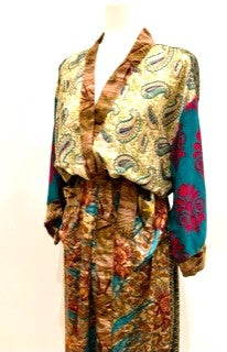 Top of the Line Silk Kimono Duster Mixed Print (Olive/Bronze)