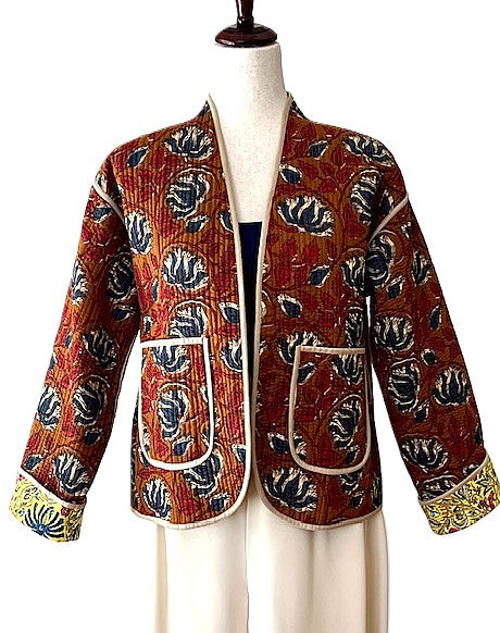 Jackets, Fully Reversible Short Quilted Jacket With Kantha Stitching. (Bronze Yellow)