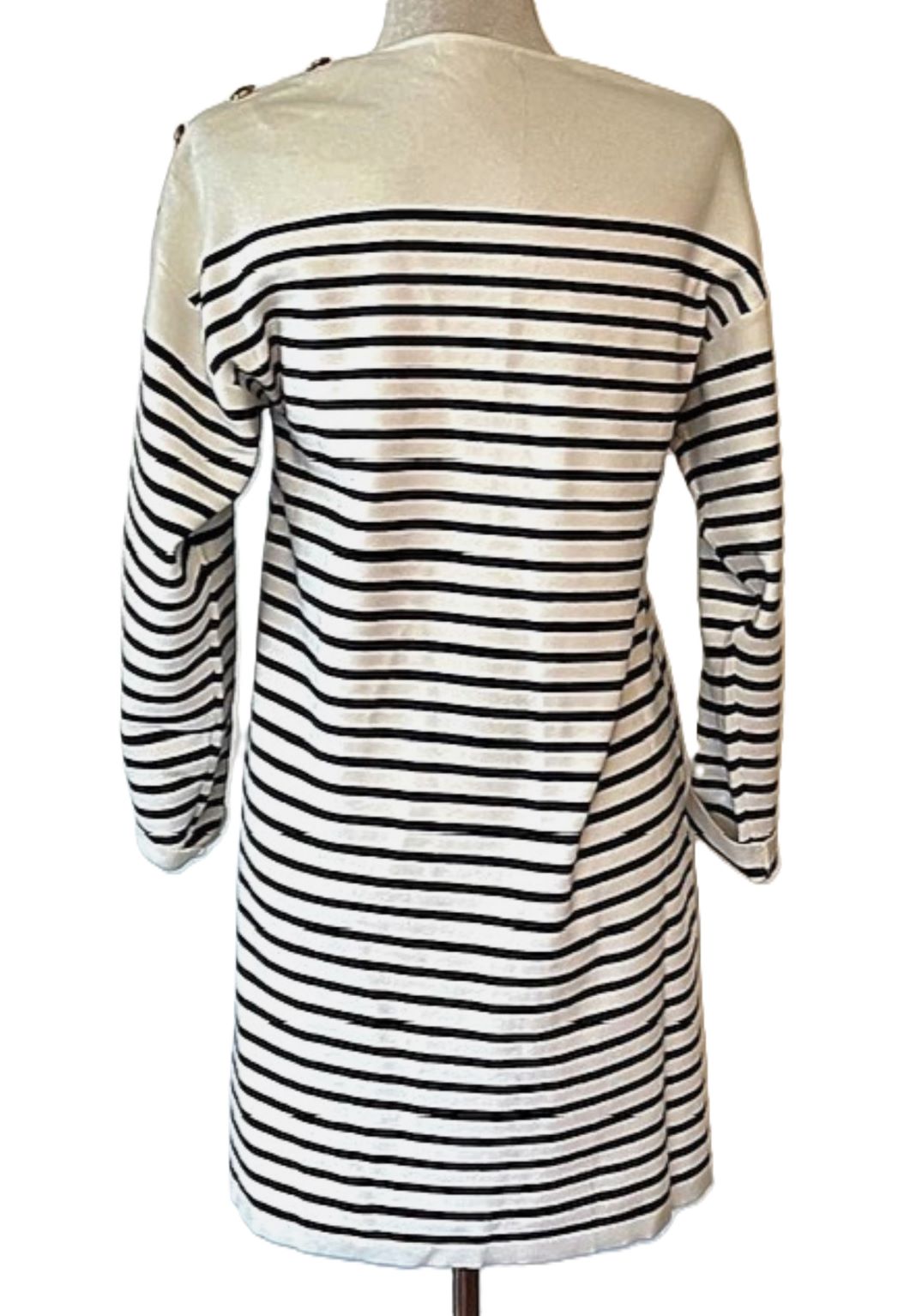 Nautical Striped Knit Dress With Shoulder Detailing. Navy and Cream