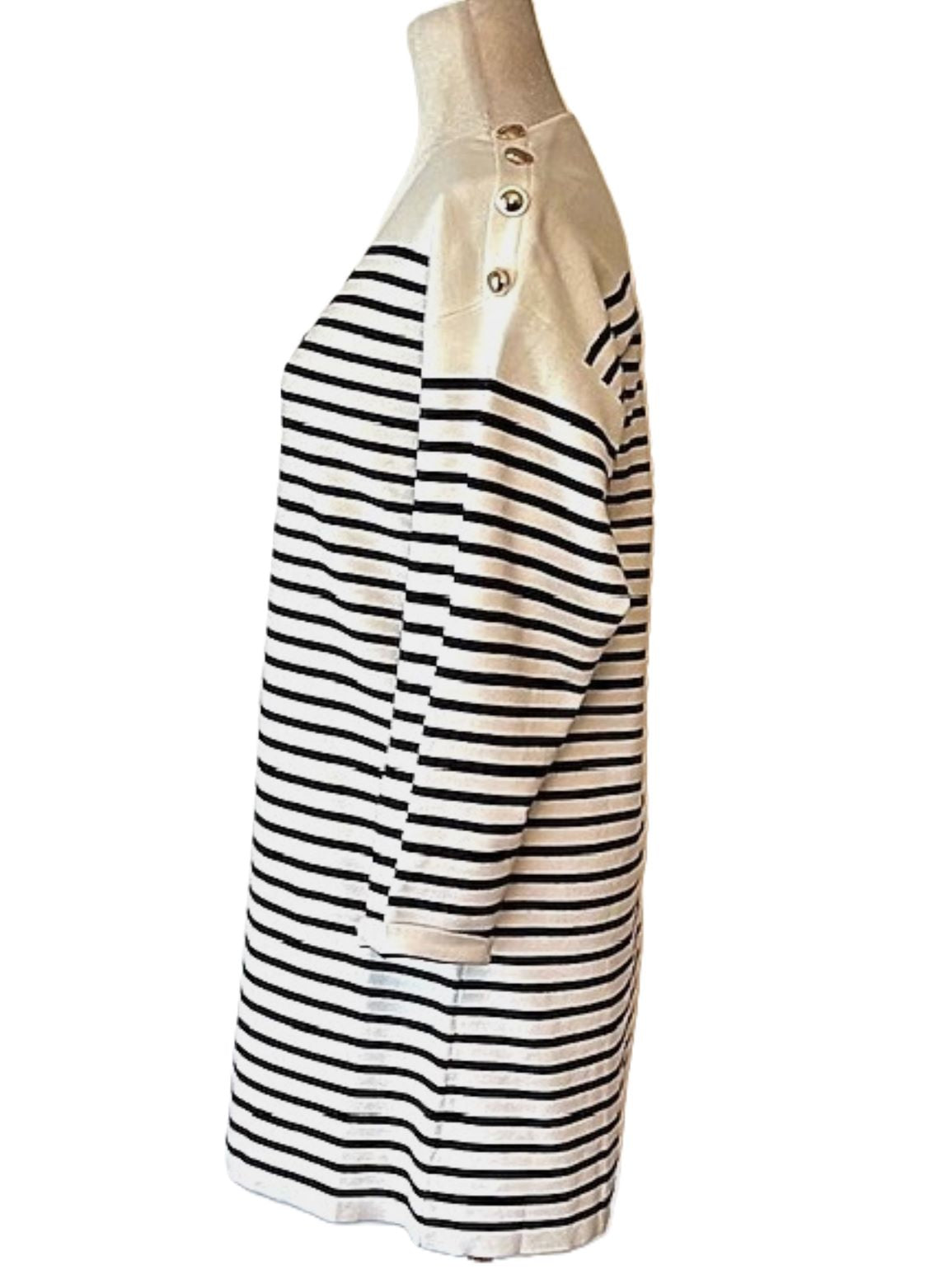 Nautical Striped Knit Dress With Shoulder Detailing. Navy and Cream