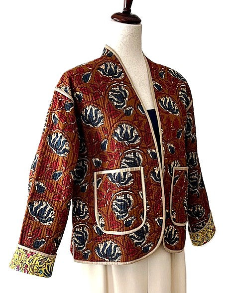 Jackets, Fully Reversible Short Quilted Jacket With Kantha Stitching. (Bronze Yellow)