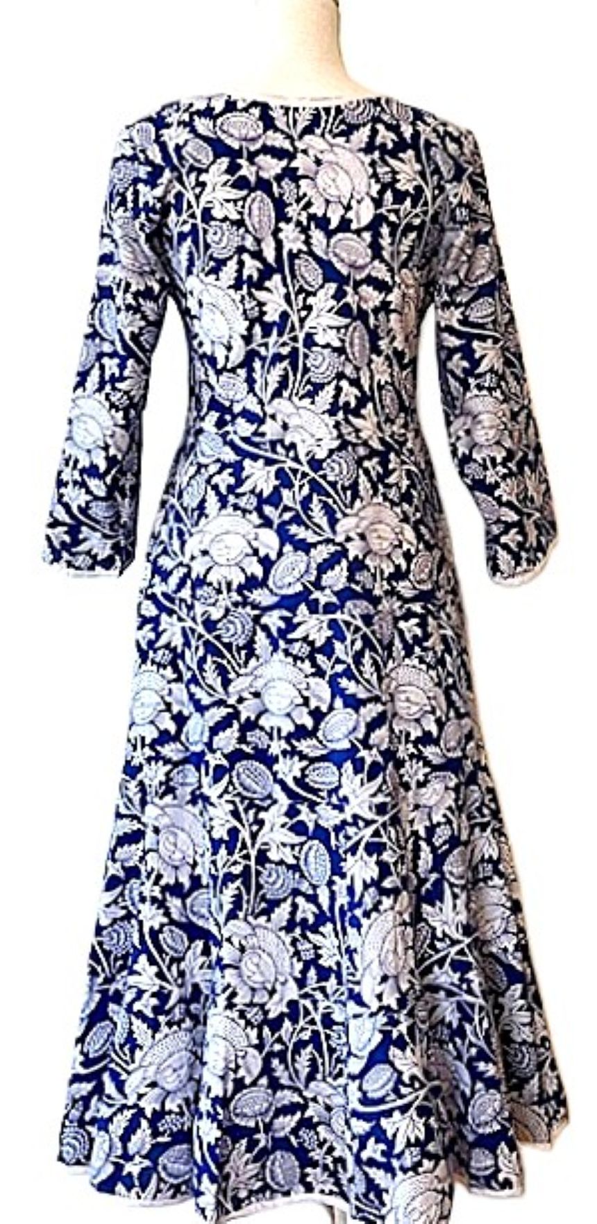 Midi Block Print Floral Cotton Dress Is Smart and Tailored (Navy and White)