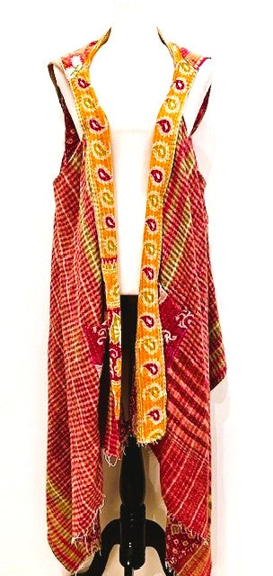 Kantha Hoodie Vest Is A Fun Fashion Accessory (Red and Yellow)