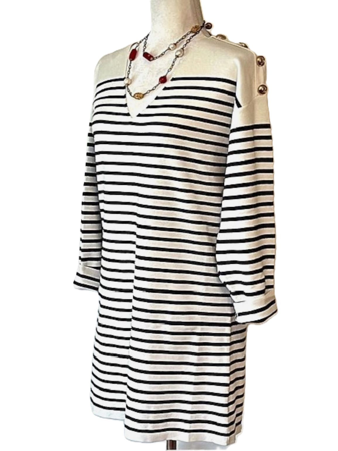 Nautical Striped Knit Dress With Shoulder Detailing. Navy and Cream