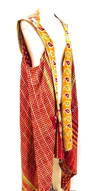 Kantha Hoodie Vest Is A Fun Fashion Accessory (Red and Yellow)