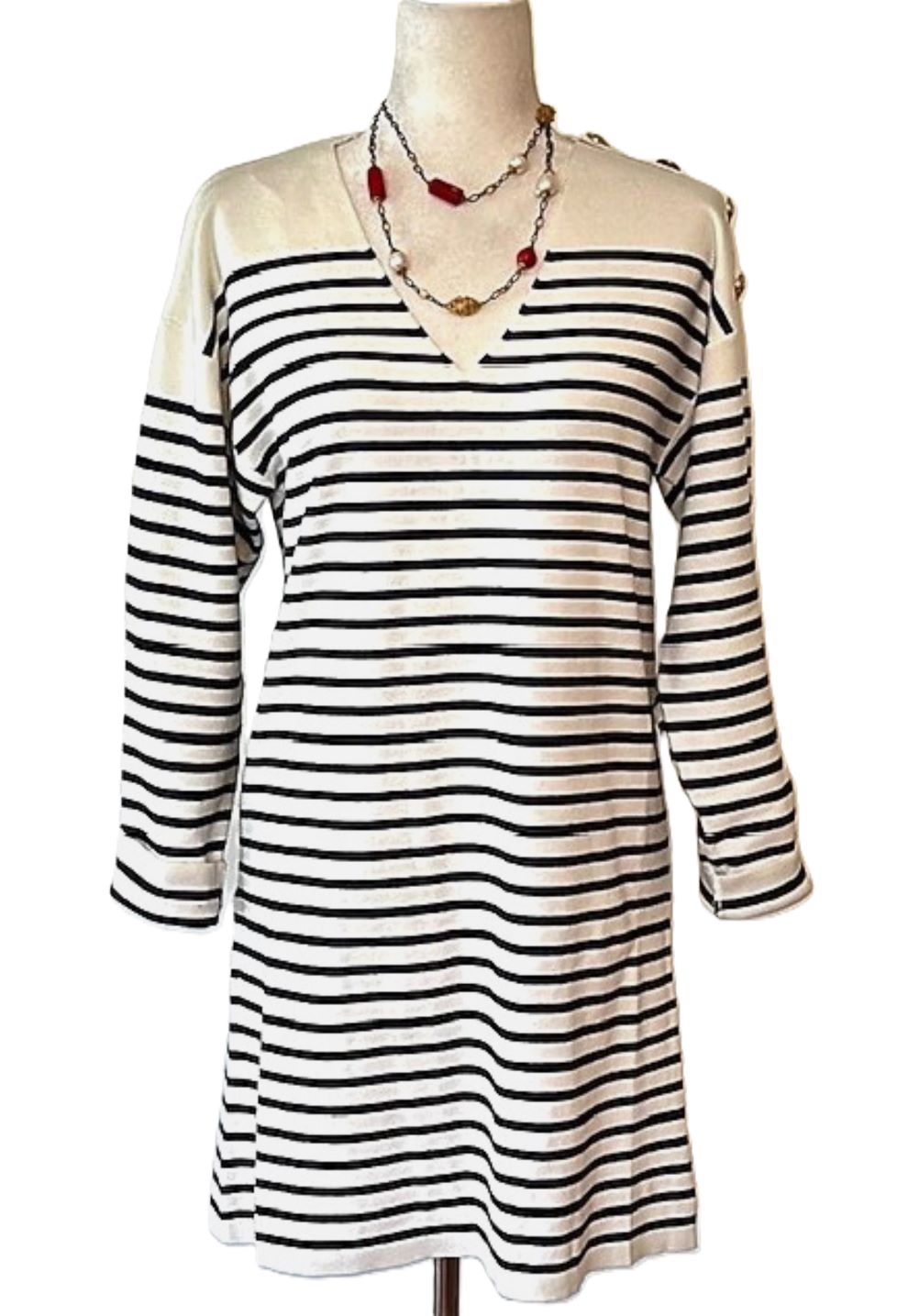 Nautical Striped Knit Dress With Shoulder Detailing. Navy and Cream