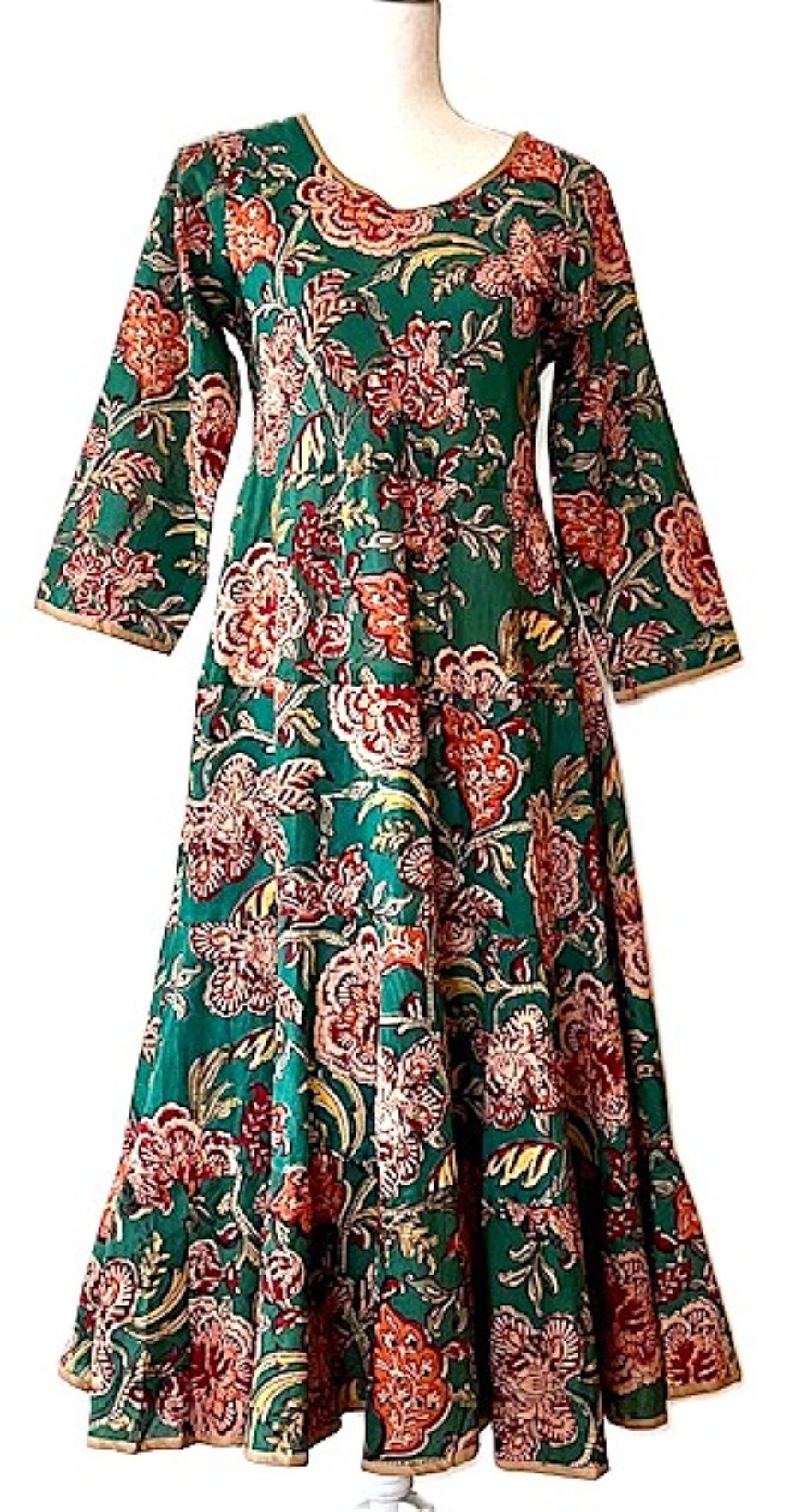 Midi Block Print Floral Cotton Dress Is Smart and Tailored (Green)