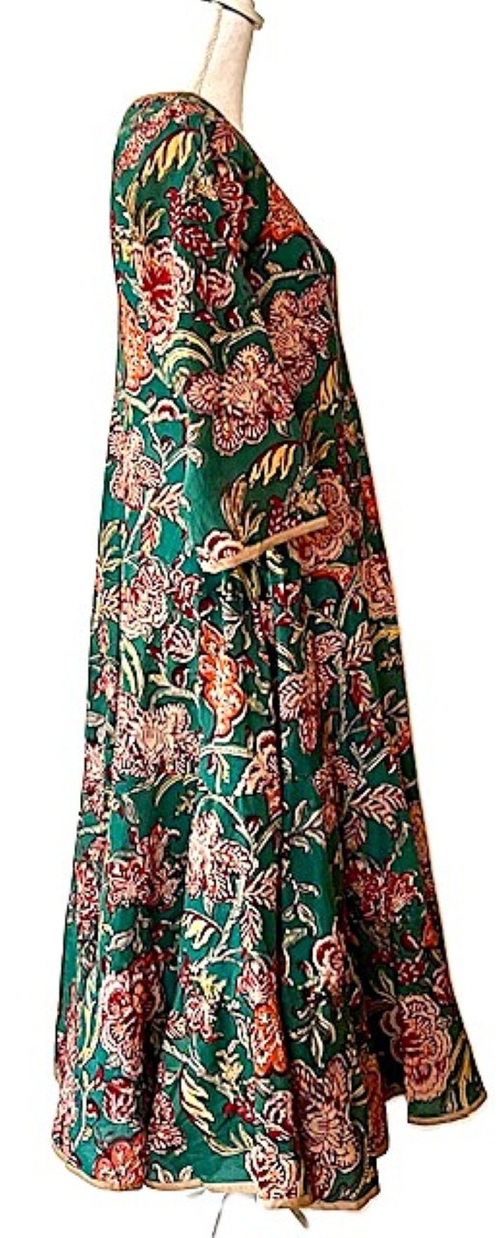 Midi Block Print Floral Cotton Dress Is Smart and Tailored (Green)