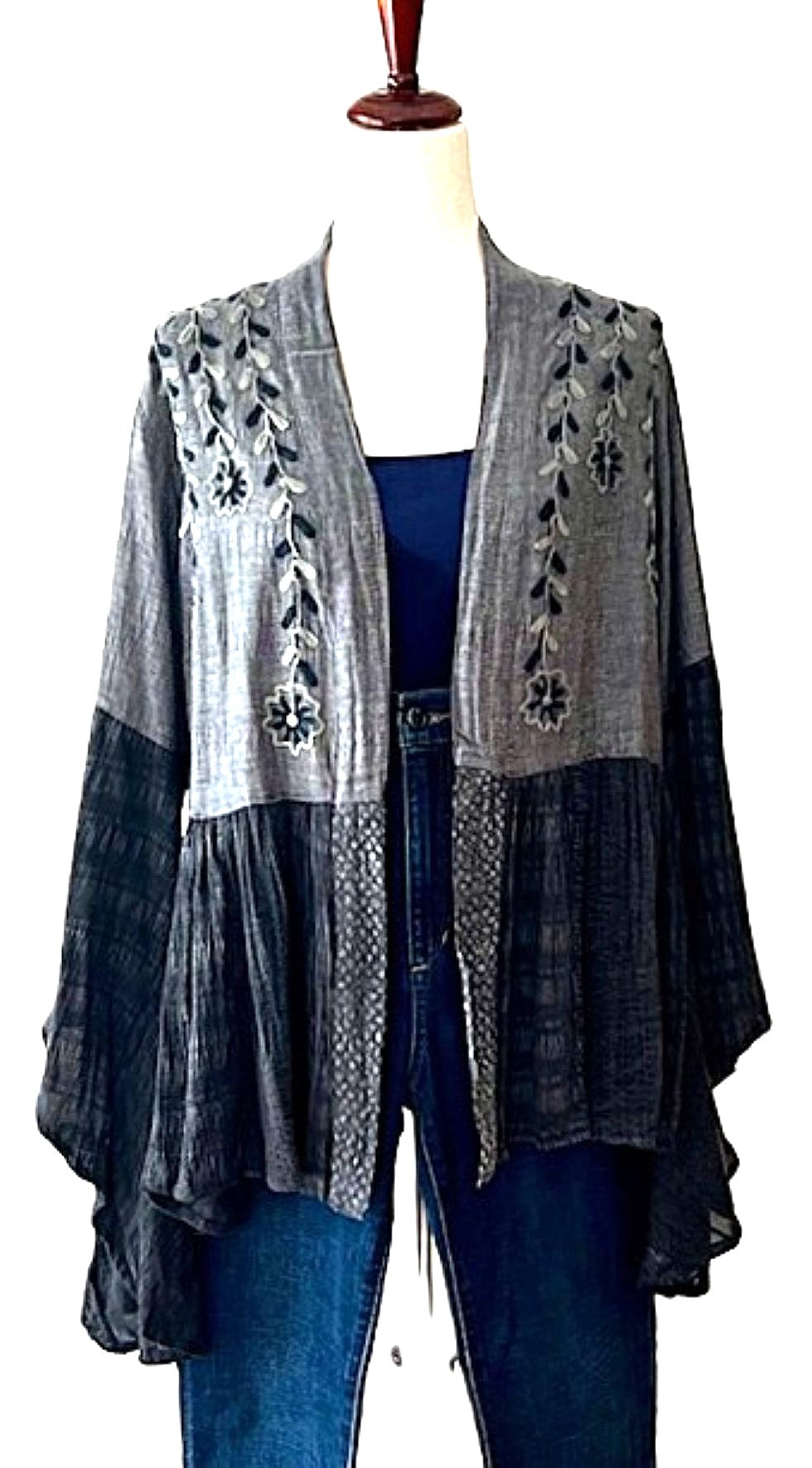 Jacket, Embroidered Kimono Shrug With Boho Bell Sleeve (Black Denim)