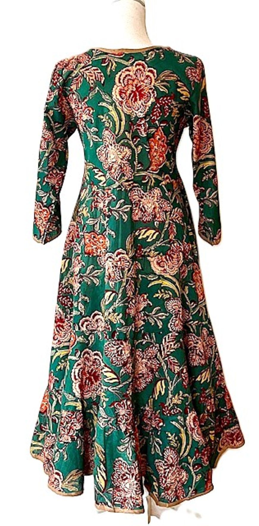 Midi Block Print Floral Cotton Dress Is Smart and Tailored (Green)