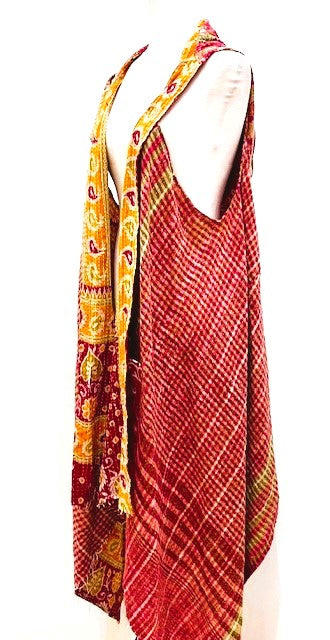 Kantha Hoodie Vest Is A Fun Fashion Accessory (Red and Yellow)