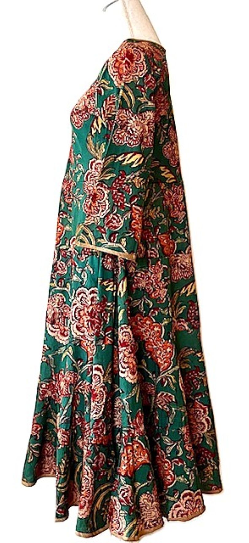 Midi Block Print Floral Cotton Dress Is Smart and Tailored (Green)