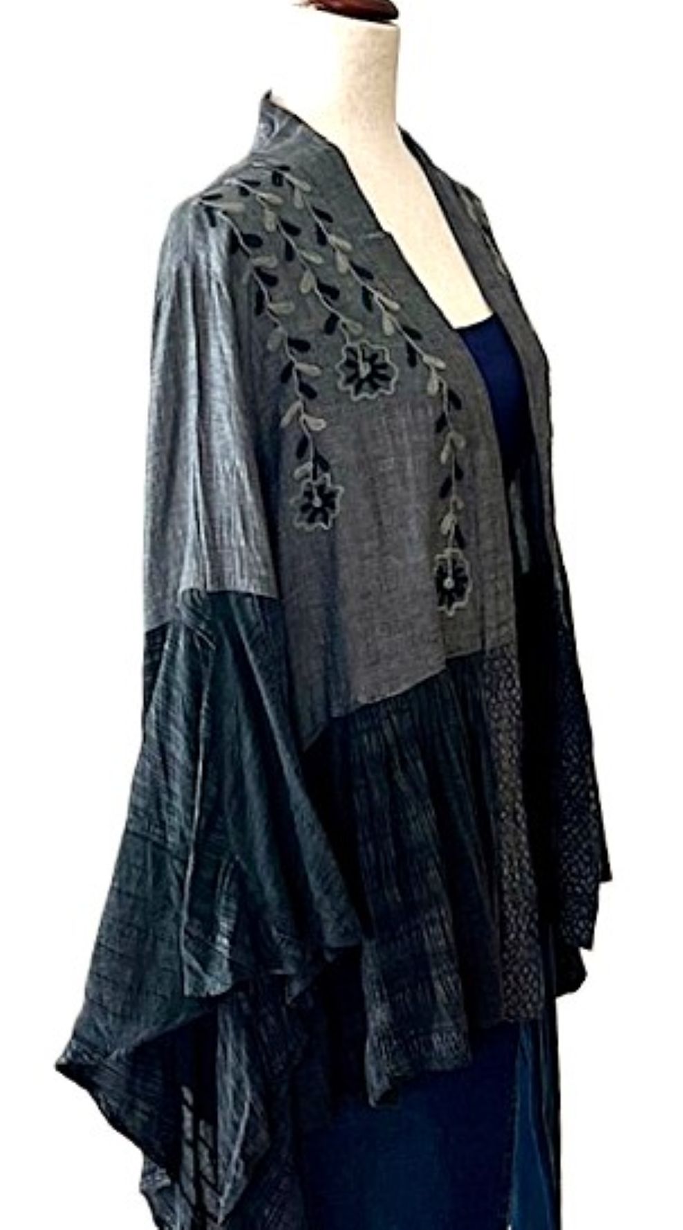 Jacket, Embroidered Kimono Shrug With Boho Bell Sleeve (Black Denim)