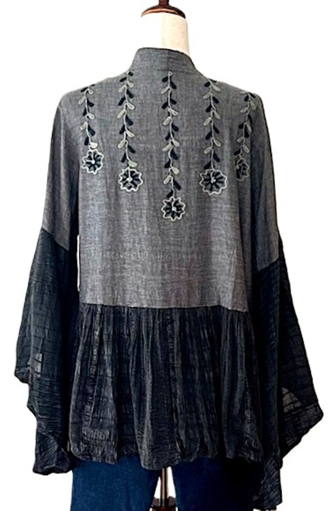 Jacket, Embroidered Kimono Shrug With Boho Bell Sleeve (Black Denim)
