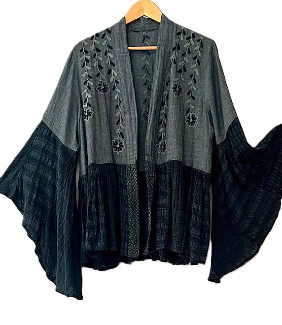 Jacket, Embroidered Kimono Shrug With Boho Bell Sleeve (Black Denim)