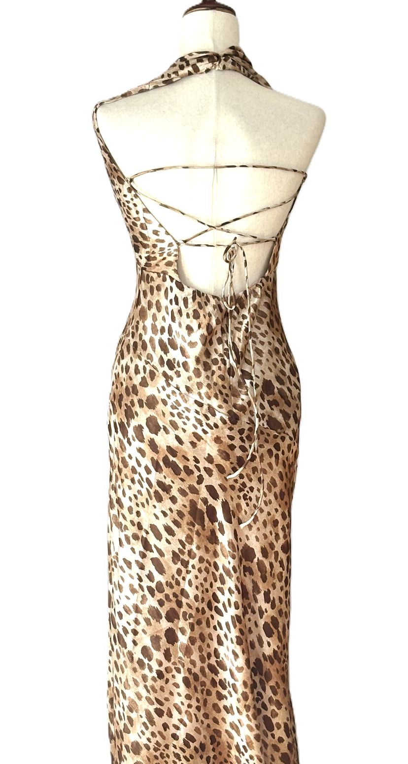 Dresses: Sleeveless Satin Animal Print Tie-Back Halter