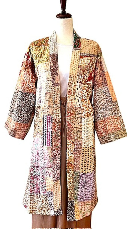 Jacket, Spectacular Stroller Length Designer Patchwork Kimono Duster.