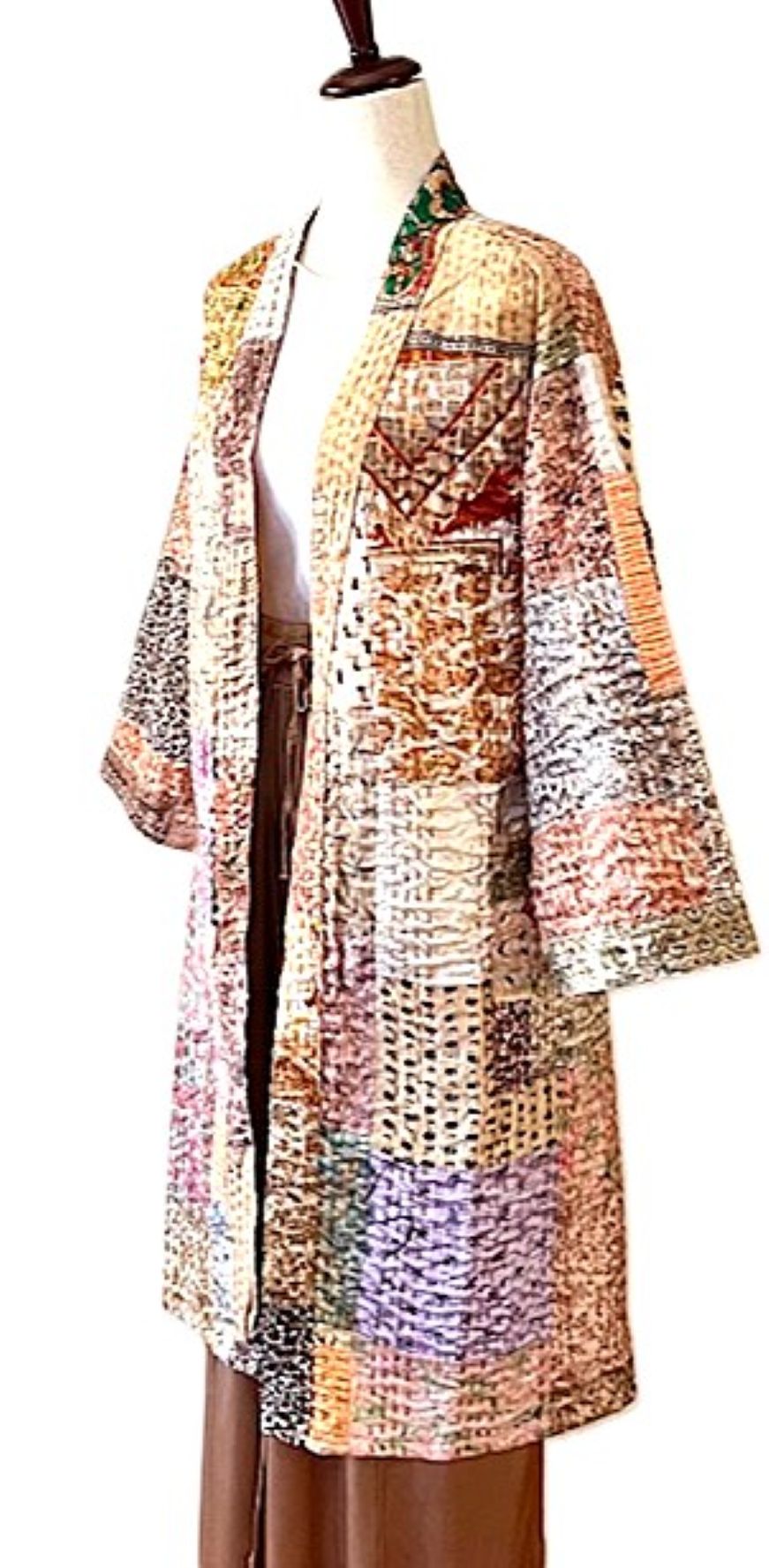 Jacket, Spectacular Stroller Length Designer Patchwork Kimono Duster.