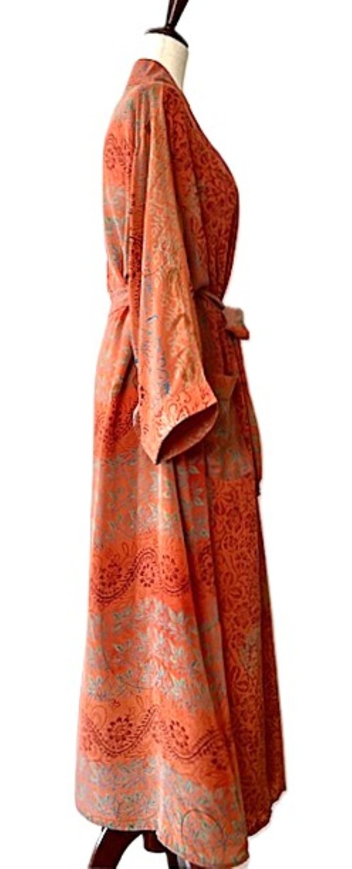 Full Sleeve Silk Kimono Duster Dress: Subtle Geometric Print (Orange)