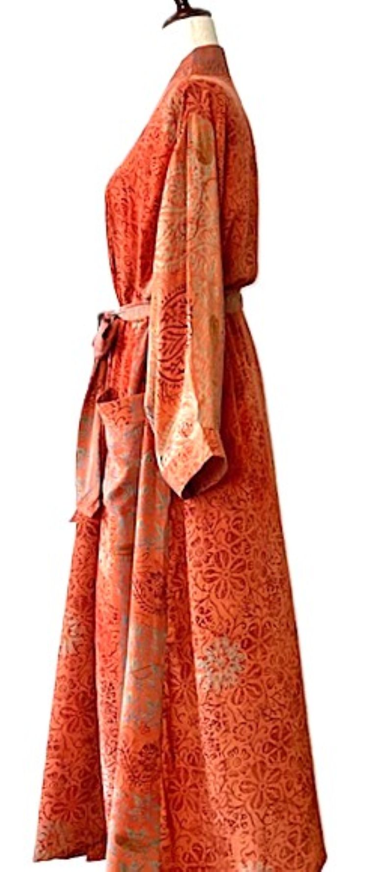 Full Sleeve Silk Kimono Duster Dress: Subtle Geometric Print (Orange)