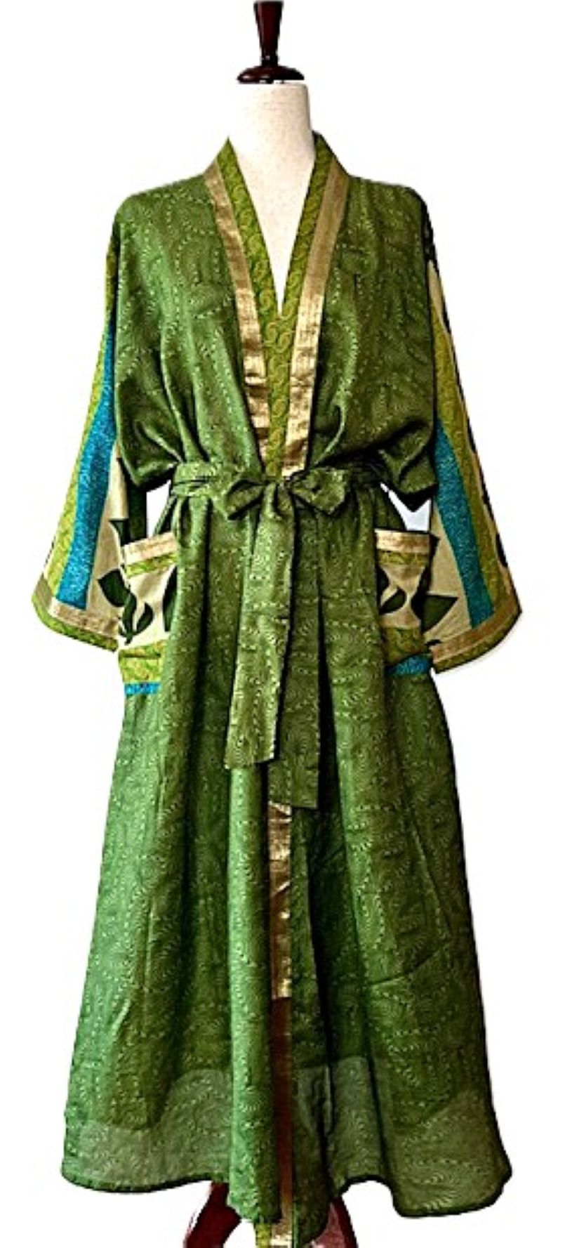 Full Sleeve Silk Kimono Duster Dress: Subtle Geometric Print (Green)
