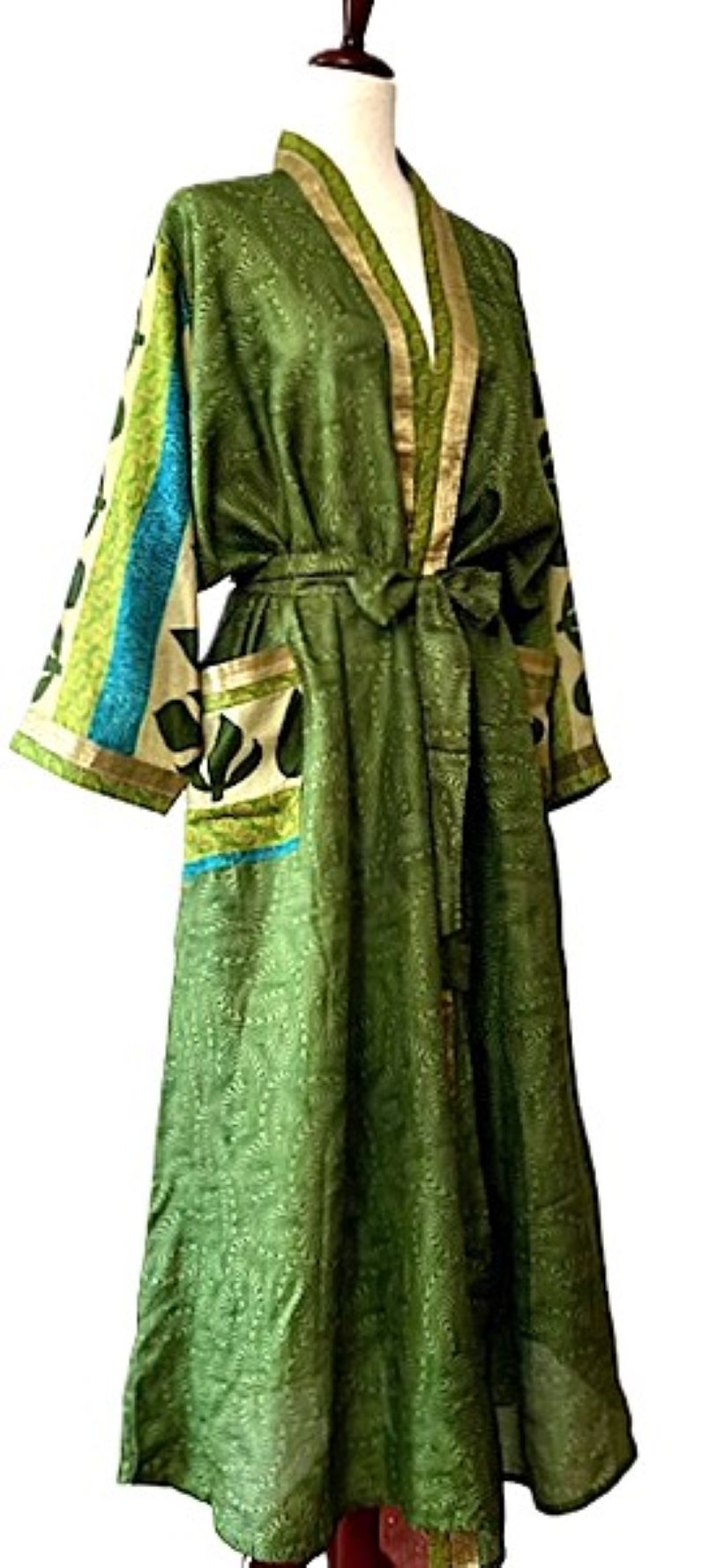 Full Sleeve Silk Kimono Duster Dress: Subtle Geometric Print (Green)