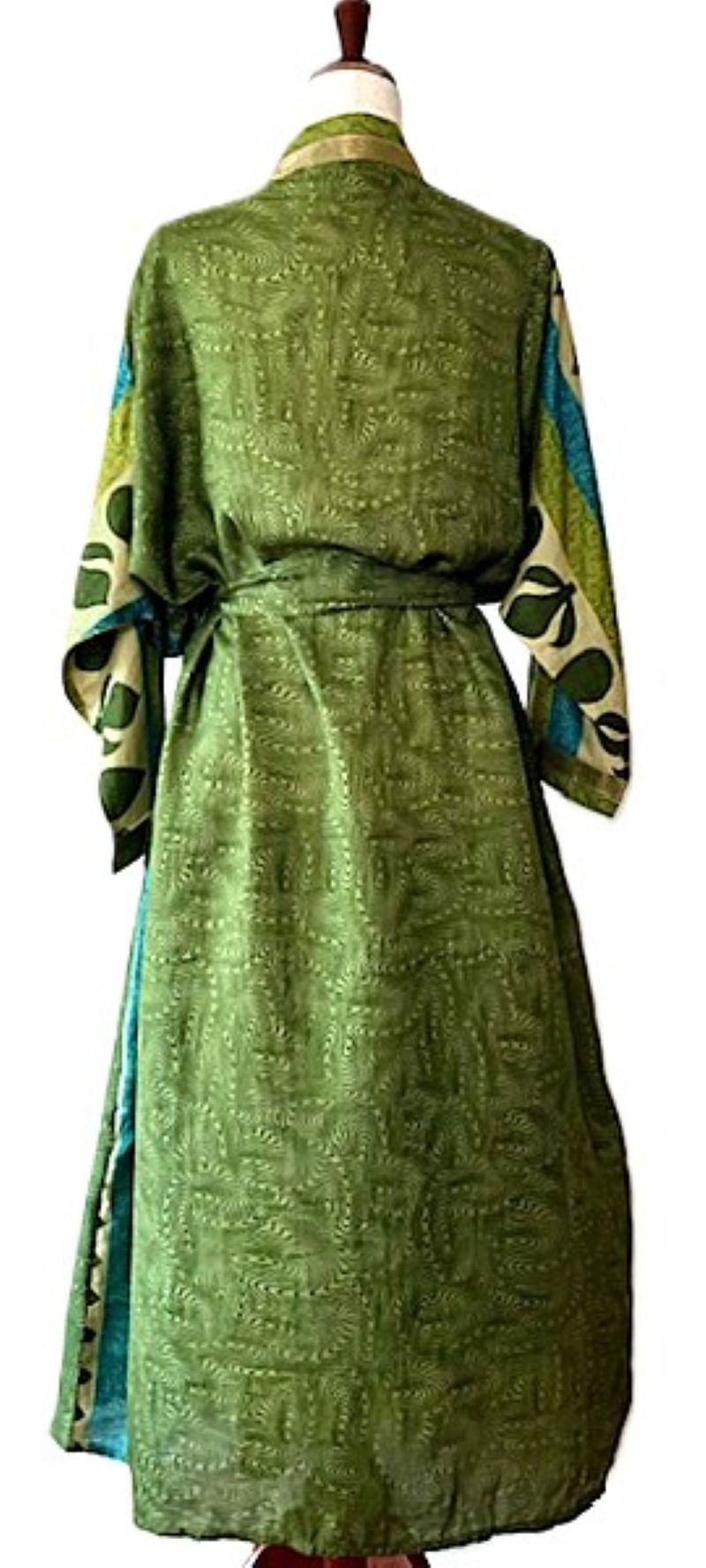 Full Sleeve Silk Kimono Duster Dress: Subtle Geometric Print (Green)