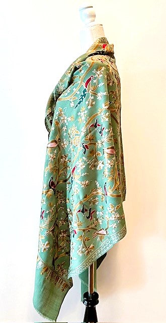 Artisan Embroidered Needlework On Silk Pashmina. Luxury Gift Item