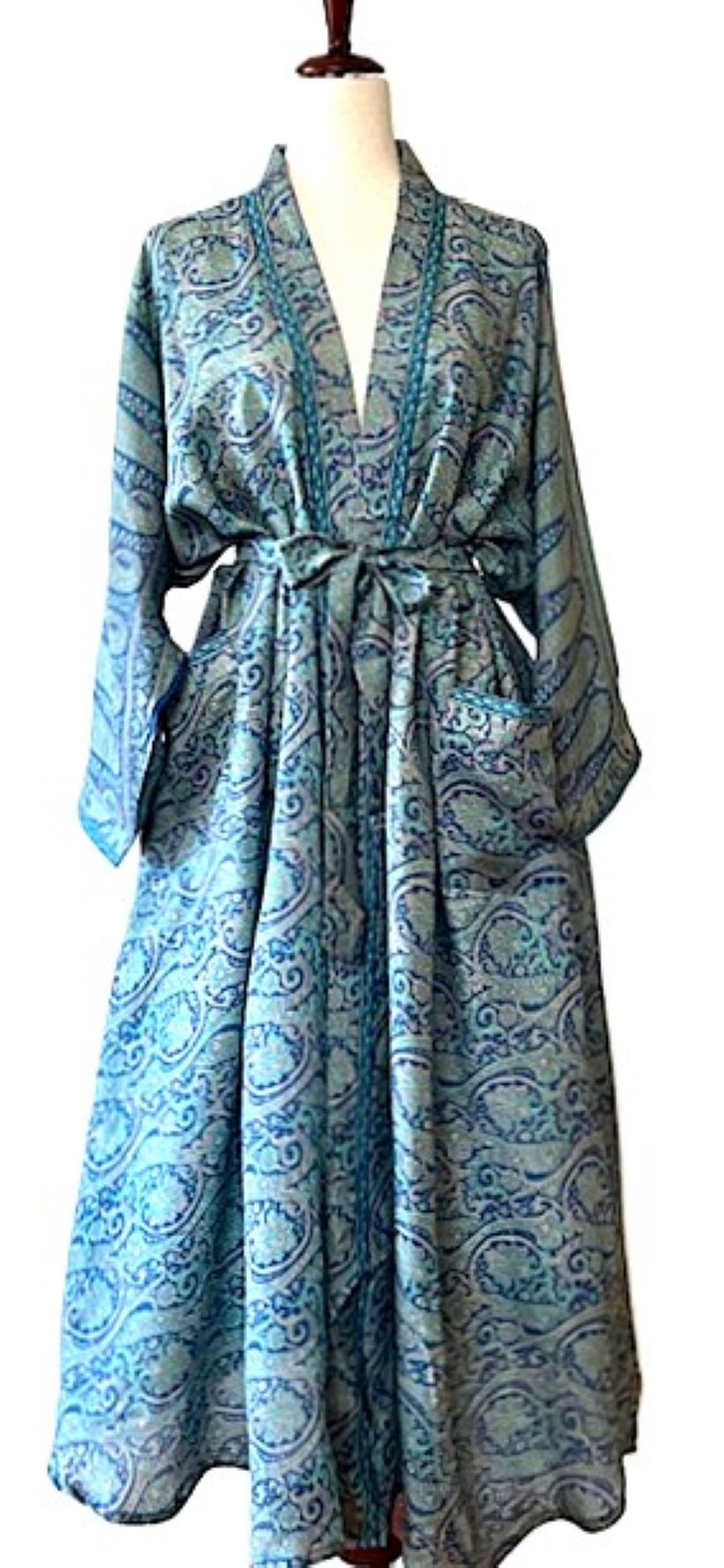 Full Sleeve Silk Kimono Duster Dress: Subtle Geometric Print (Aqua)